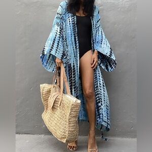 New Blue Tie Dye Boho Tie Dye Kimono Maxi Beach open front long COVERUP *NEW*